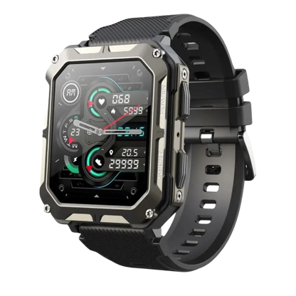 Robuste Smartwatch mit Herzfrequenzmesser, Schrittzähler, schwarz, Outdoor, wasserdicht.