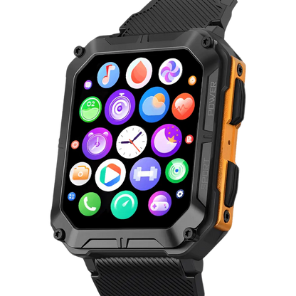 Robuste Smartwatch mit Herzfrequenzmesser, Schrittzähler, schwarzes Gehäuse, Outdoor geeignet.