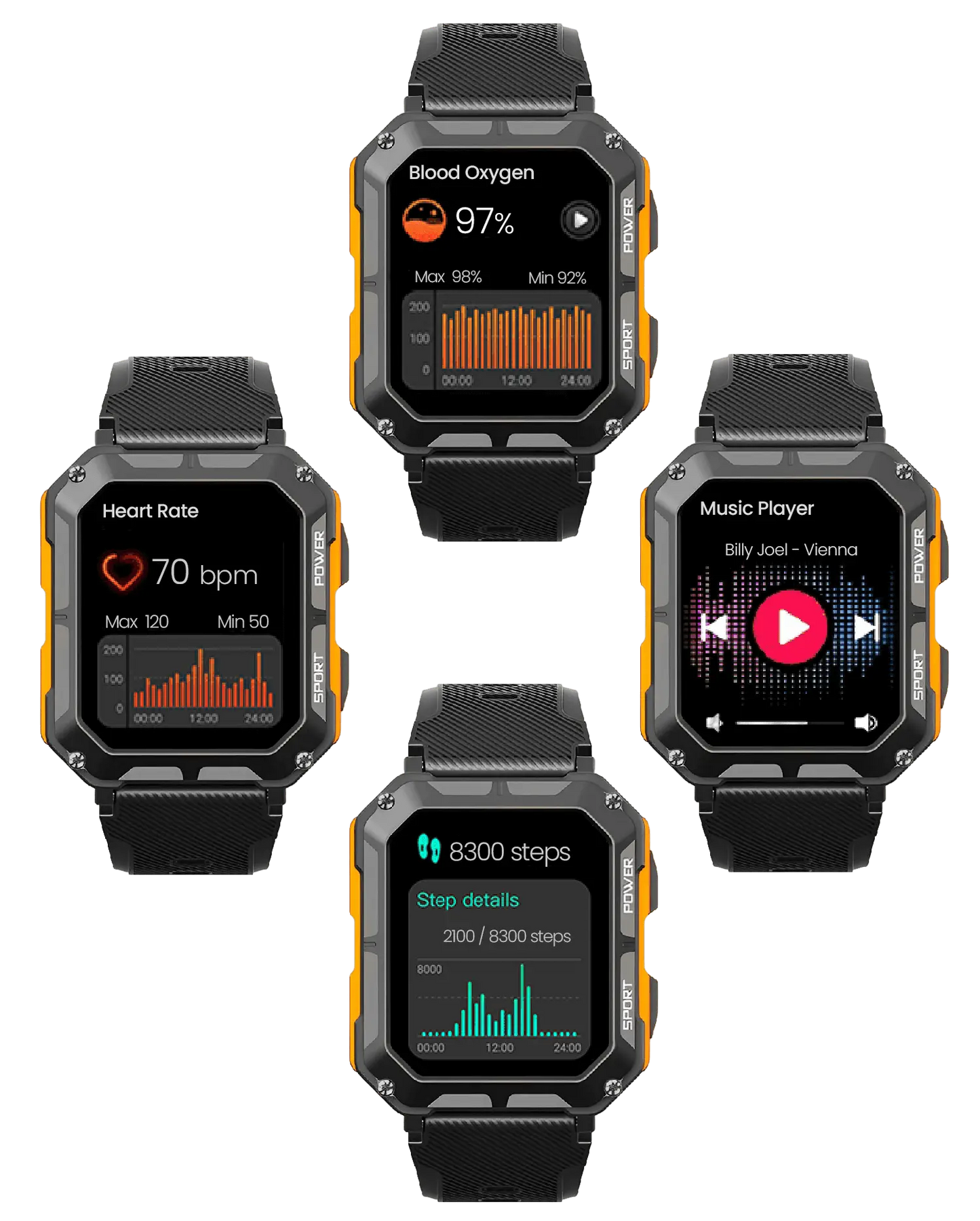 Robuste Smartwatch mit Herzfrequenzmesser, Schrittzähler, Musikplayer, schwarz-orange Design.