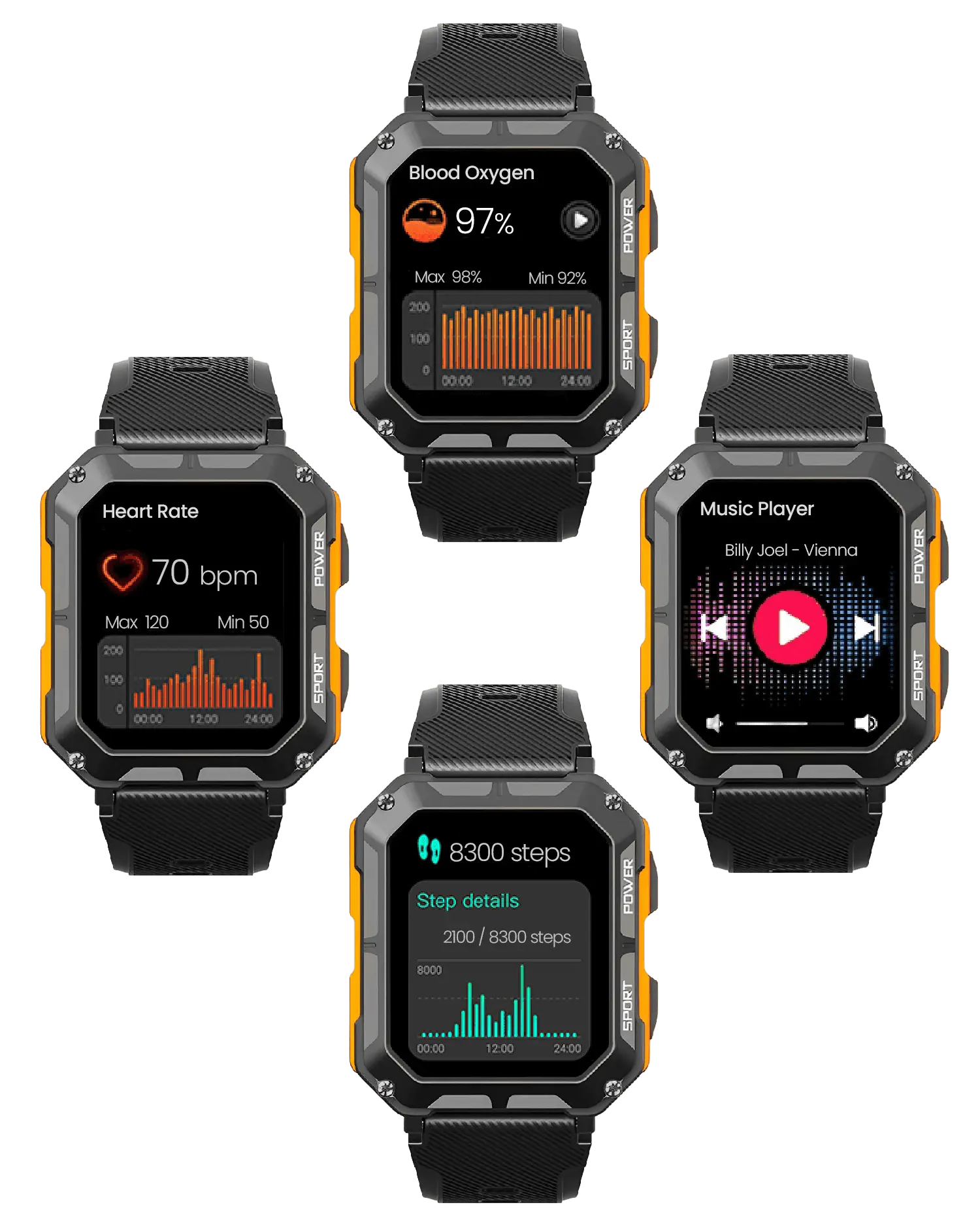Robuste Smartwatch mit Herzfrequenzmesser, Schrittzähler, Musikplayer, schwarz-orange Design.