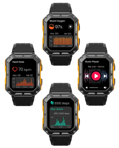 Robuste Smartwatch mit Herzfrequenzmesser, Schrittzähler, Musikplayer, schwarz-orange Design.