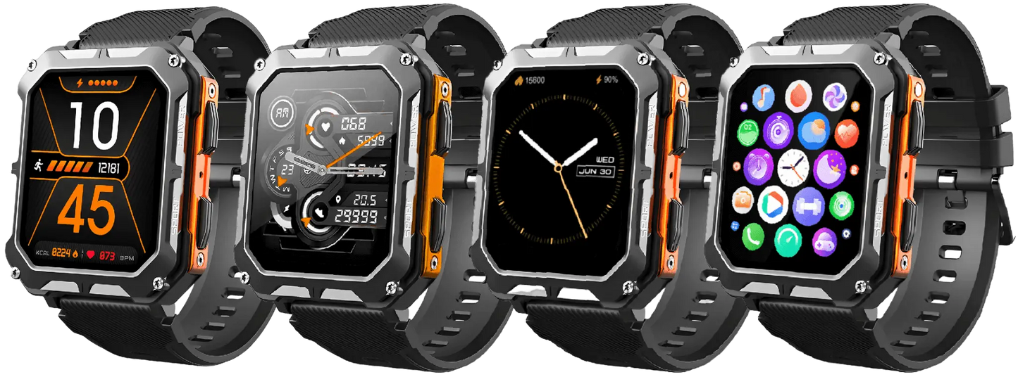 Unzerstörbare Smartwatch, schwarz-orange, Herzfrequenzmesser, Schrittzähler, robustes Design.