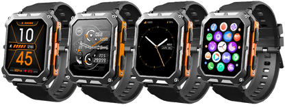 Unzerstörbare Smartwatch, schwarz-orange, Herzfrequenzmesser, Schrittzähler, robustes Design.