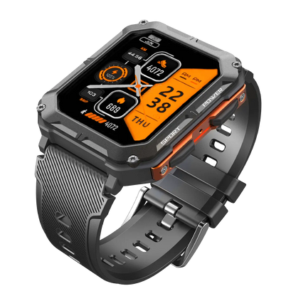 Robuste Smartwatch mit Herzfrequenzmesser, Schrittzähler, schwarz-orange, Outdoor geeignet.