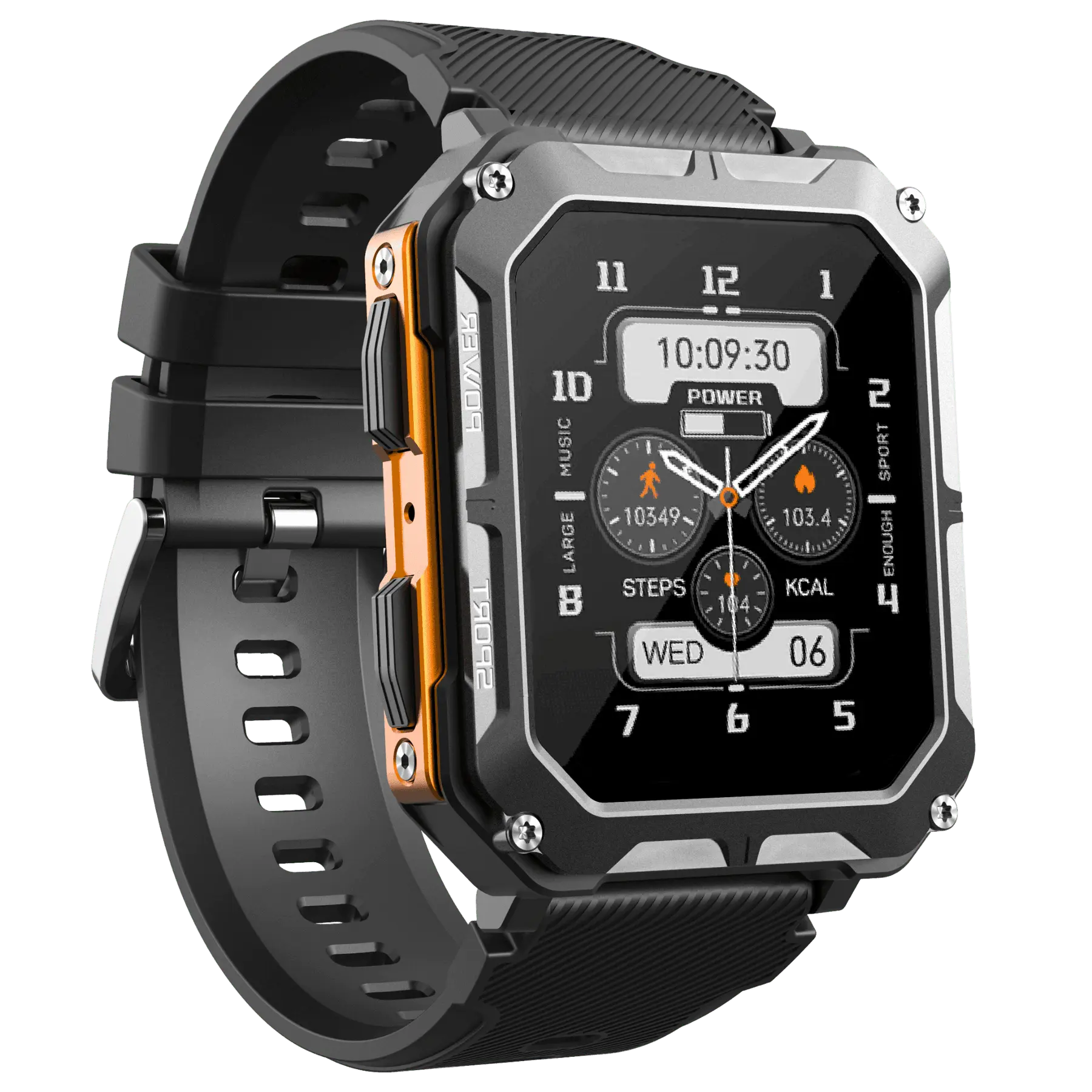 Robuste Smartwatch, schwarz, mit Herzfrequenzmesser und Schrittzähler für Outdoor-Aktivitäten.