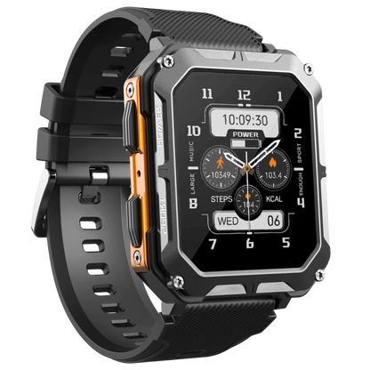 Robuste Smartwatch, schwarz, mit Herzfrequenzmesser und Schrittzähler für Outdoor-Aktivitäten.