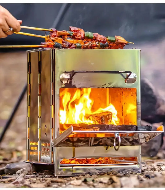 Klappbarer Edelstahl-Holzofen, Camping, Outdoor, Feuerstelle, Grillen, tragbar, robust.