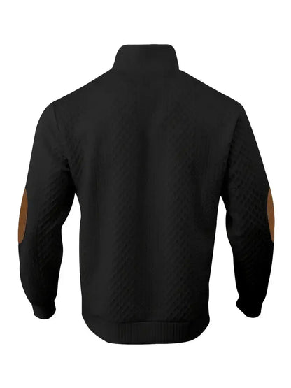 Schwarzer Outdoor-Strickpullover mit braunen Ellbogen-Patches, Herrenmode, warm, stilvoll.