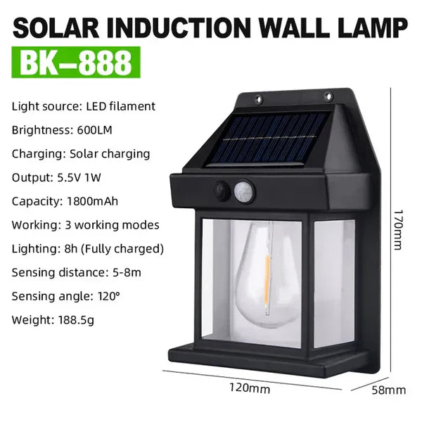 Schwarze Solar-Wandlampe mit LED-Filament, wasserdicht, für Gartenbeleuchtung, 600 Lumen.