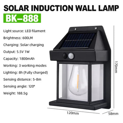 Schwarze Solar-Wandlampe mit LED-Filament, wasserdicht, für Gartenbeleuchtung, 600 Lumen.