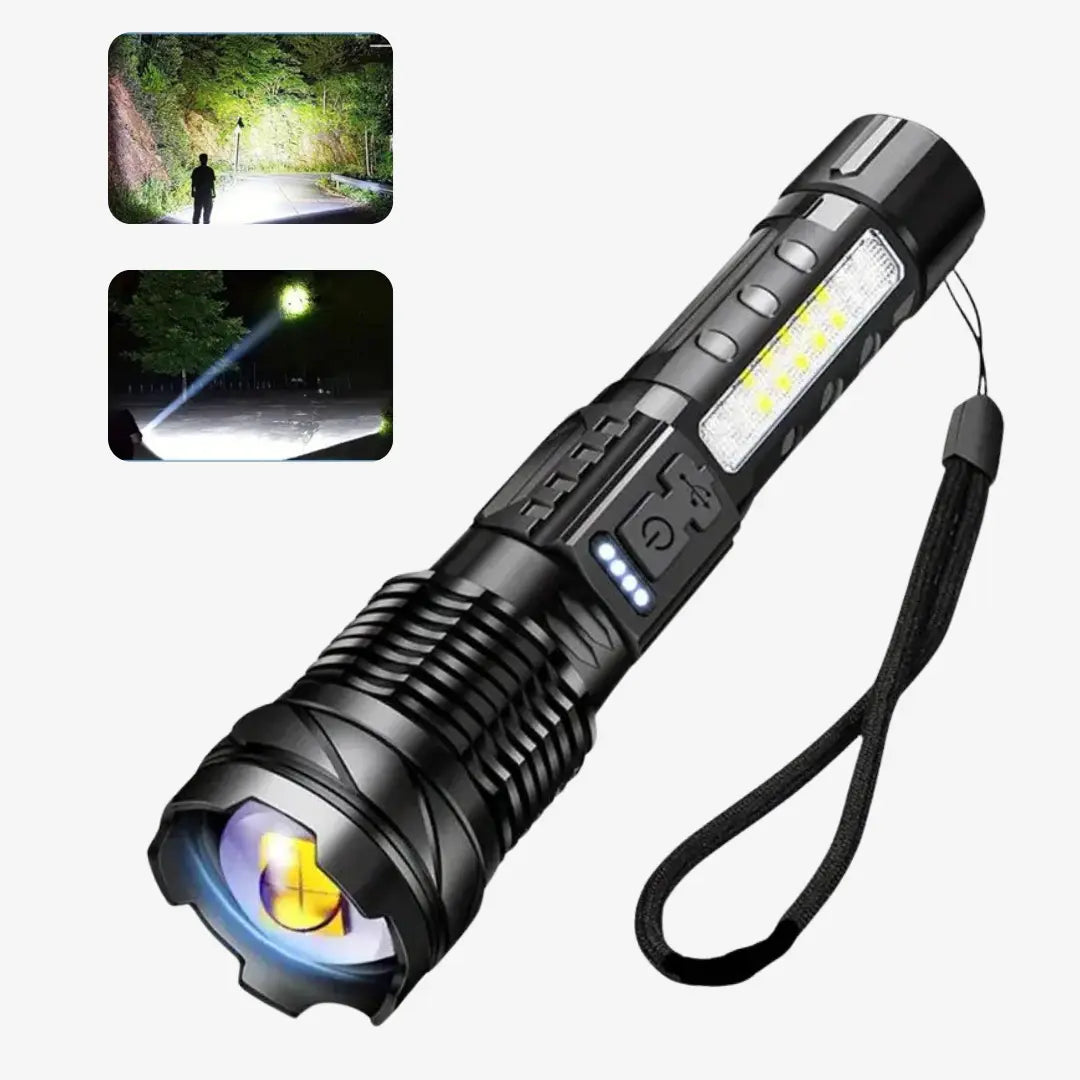 Schwarze militärische Taschenlampe 5000 Lumen, LED, Outdoor, mit Handschlaufe.