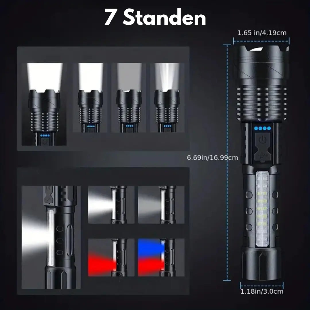 Militärische Taschenlampe 5000 Lumen, schwarz, 7 Modi, Outdoor, robust, kompakt.