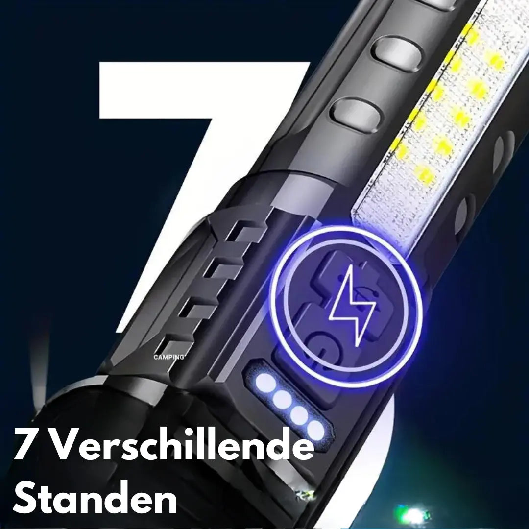 Militärische Taschenlampe 5000 Lumen, schwarz, LED, 7 Modi, Outdoor, Camping, robust.