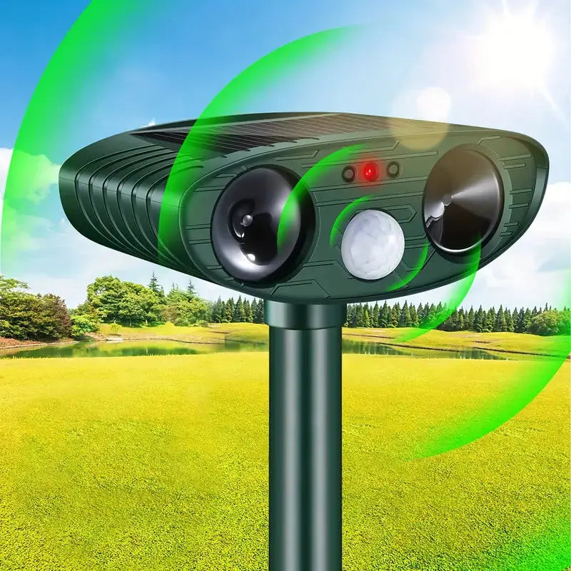 Ultraschall-Katzenvertreiber, solarbetrieben, grün, für Garten, wetterfest, umweltfreundlich.