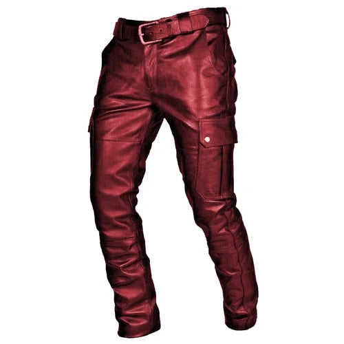 Schwarze Herren-Leder-Motorradhose mit Cargo-Taschen, PU-Material, ohne Gürtel.
