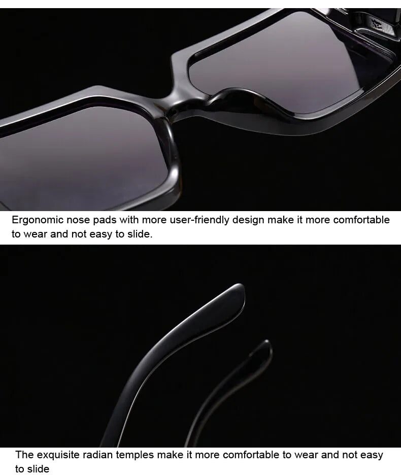 Schwarze übergroße eckige Sonnenbrille, ergonomische Nasenpads, bequeme Bügel.