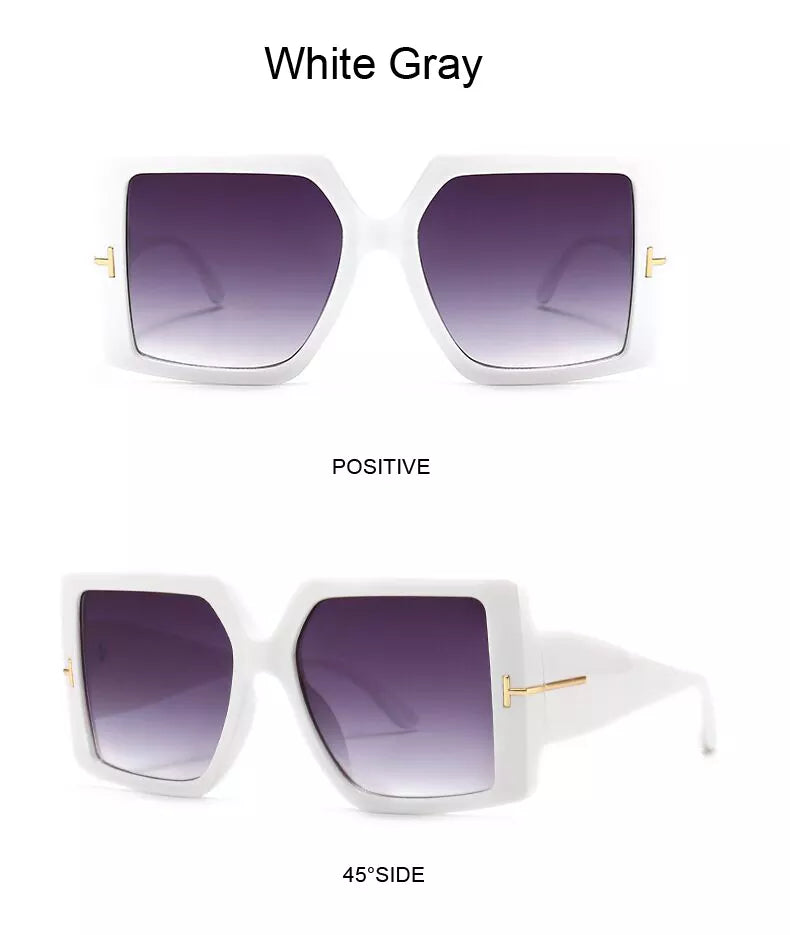 Weiße übergroße quadratische Sonnenbrille, lila Gläser, modisches Accessoire.