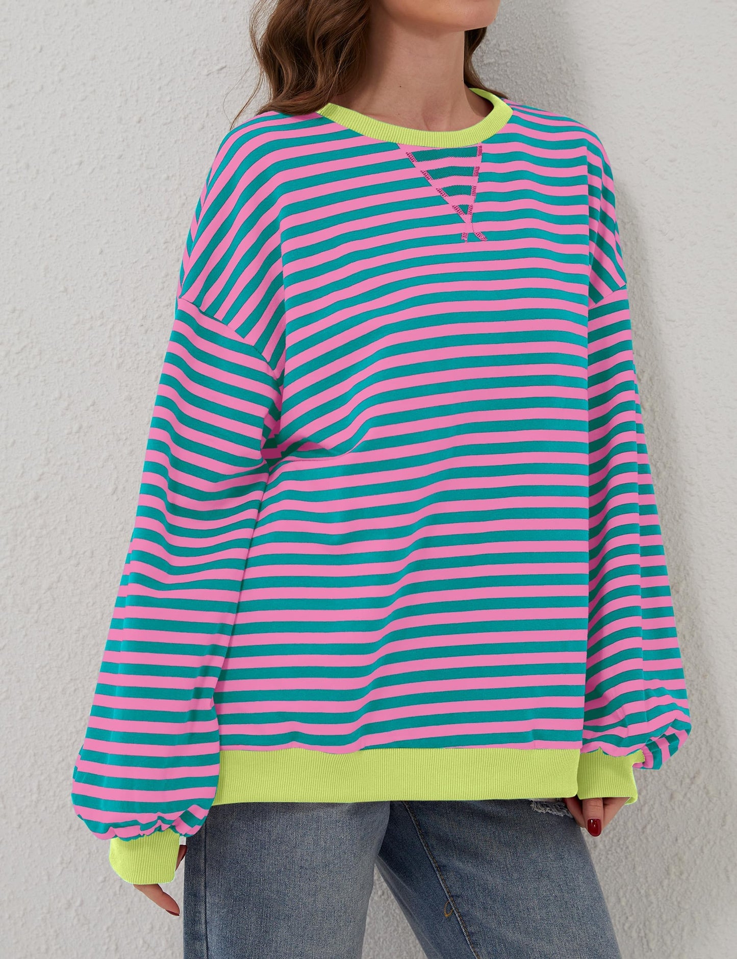 Oversized Striped Crew-Neck Sweatshirt - Holly