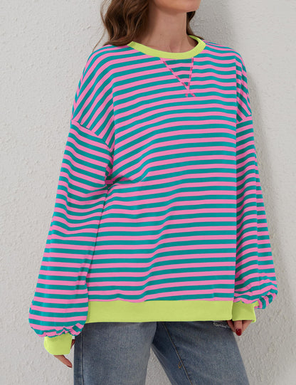 Oversized Striped Crew-Neck Sweatshirt - Holly