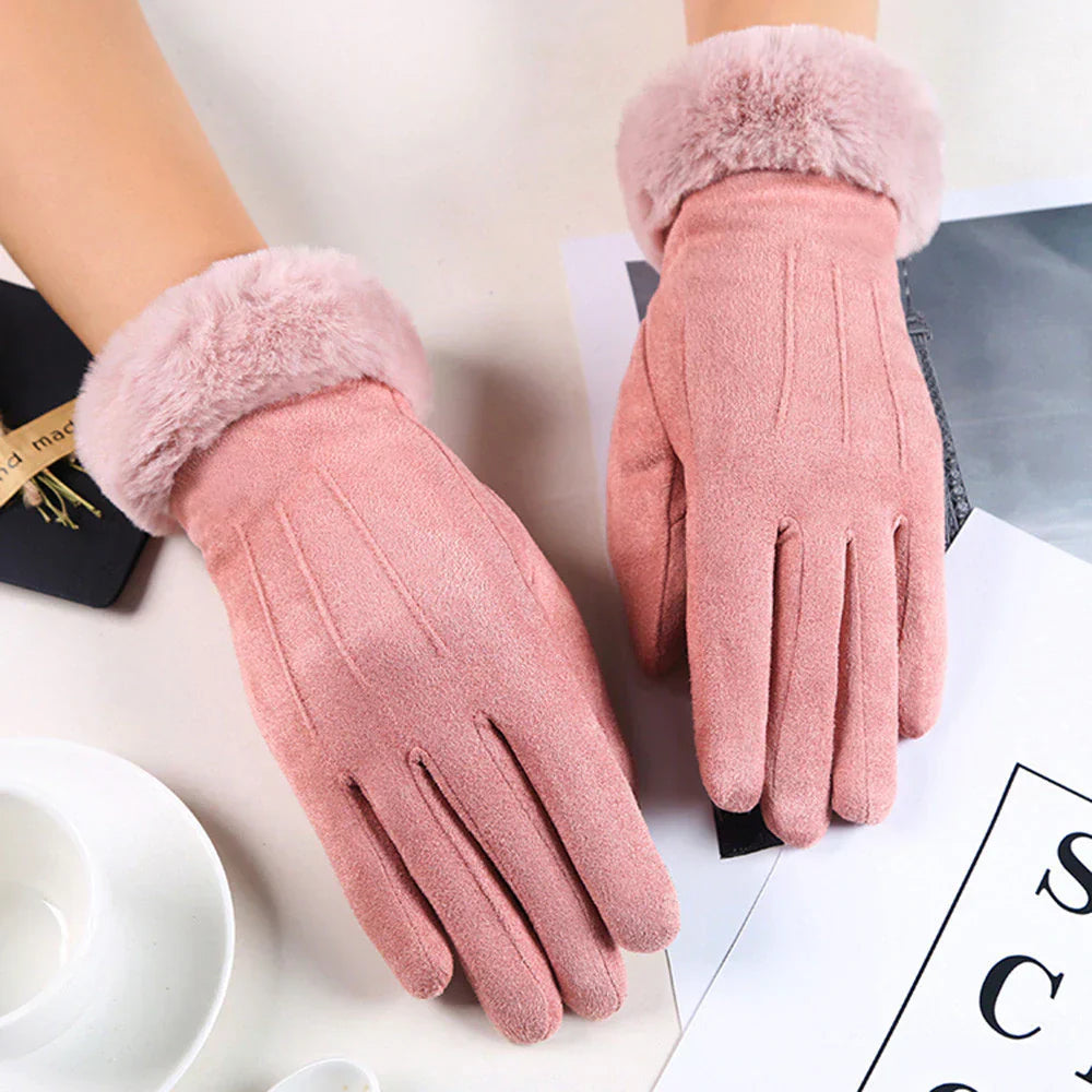 Rosa Damenhandschuhe aus Wildleder mit Kunstfell, elegant, warm, Wintermode Accessoire.