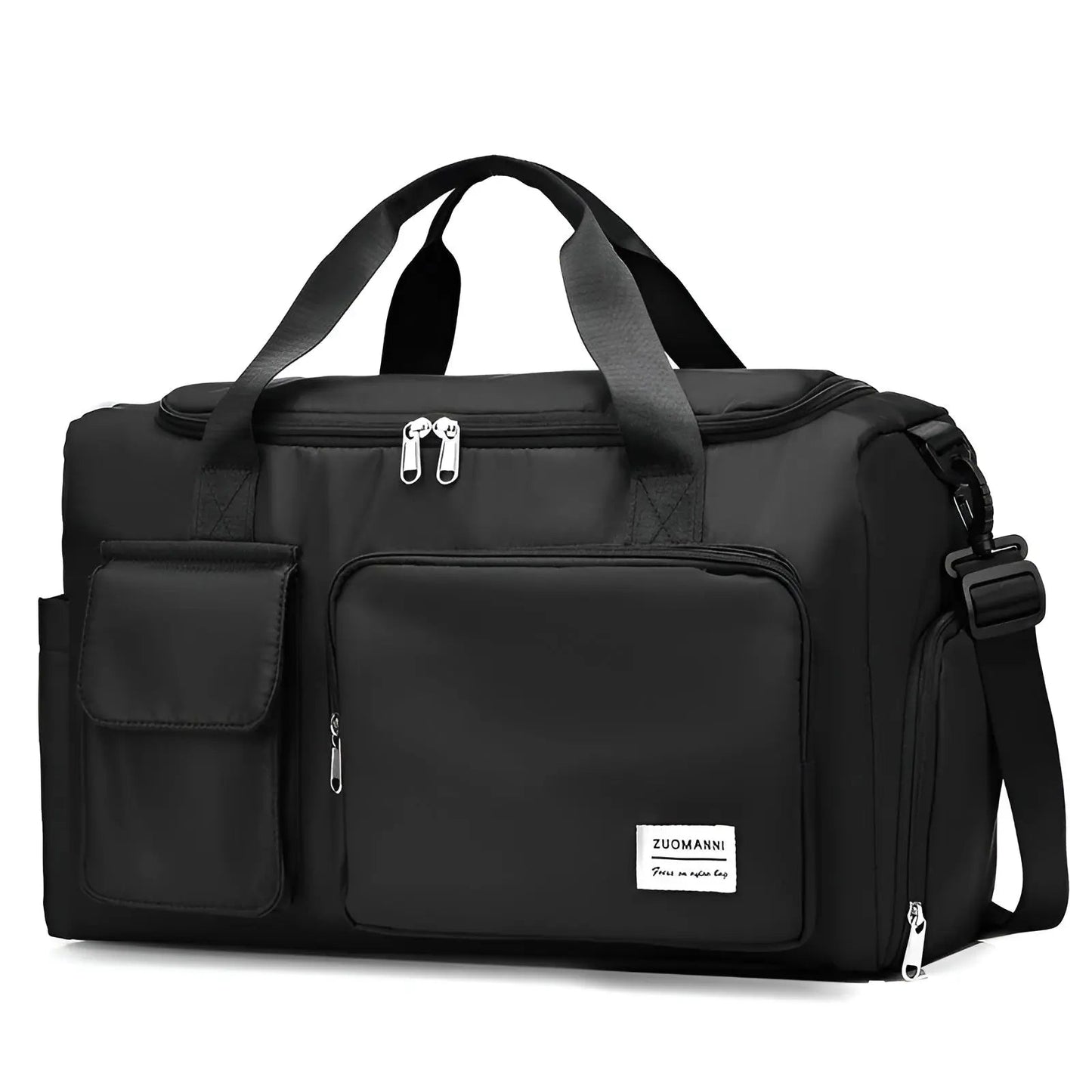 Schwarze Reisetasche aus Nylon mit mehreren Fächern und verstellbarem Schultergurt.