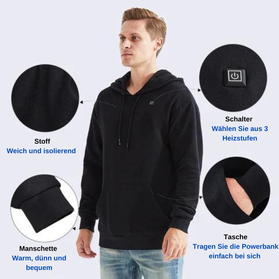 Mann in schwarzem beheizbarem Hoodie, weicher Stoff, Schalter für Heizstufen, praktische Tasche.
