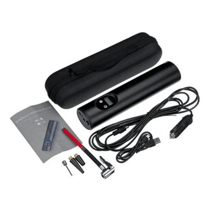 Tragbare elektrische Luftpumpe schwarz, USB-Ladekabel, Aufsätze, Tragetasche, Anleitung.