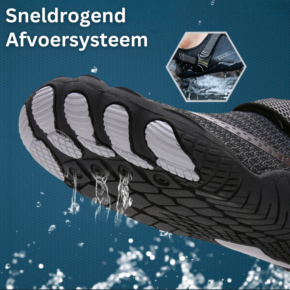 Schwarzer Wasserschuh mit Schnellablaufsystem, rutschfest, atmungsaktiv, ideal für Outdoor.