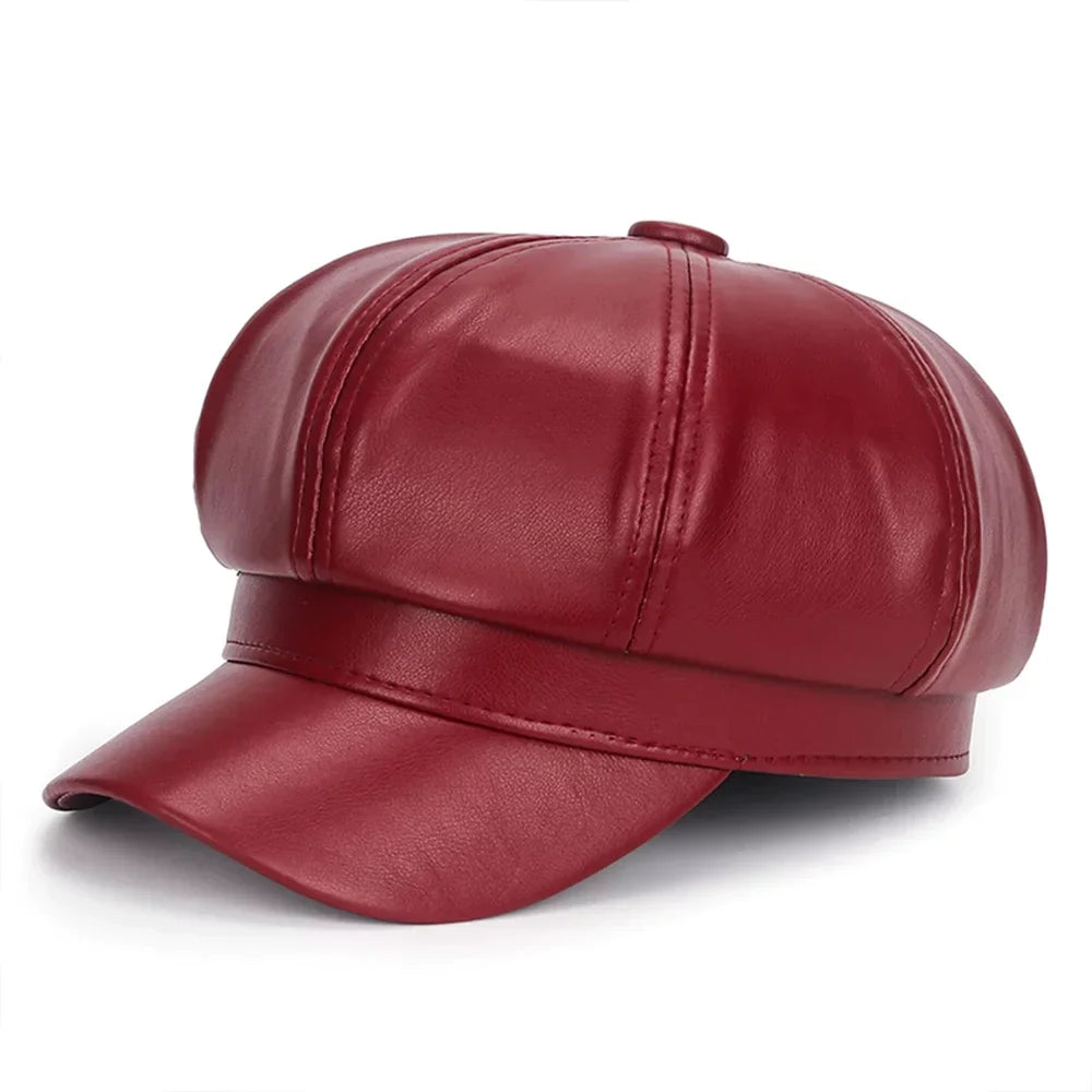 Burgunderrote PU-Leder Schiebermütze, modische Ivy-Baskenmütze für Damen und Herren.