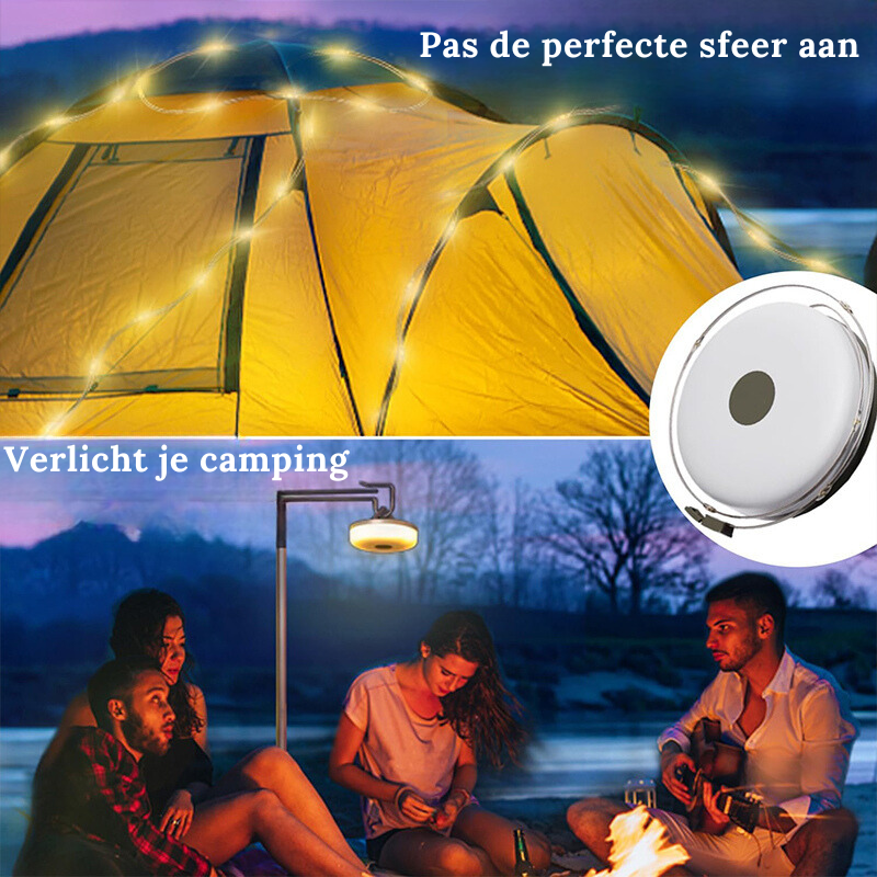 Gelbes Zelt mit Lichterkette, Campingplatz, Abendstimmung, LED-Beleuchtung, Outdoor-Abenteuer.