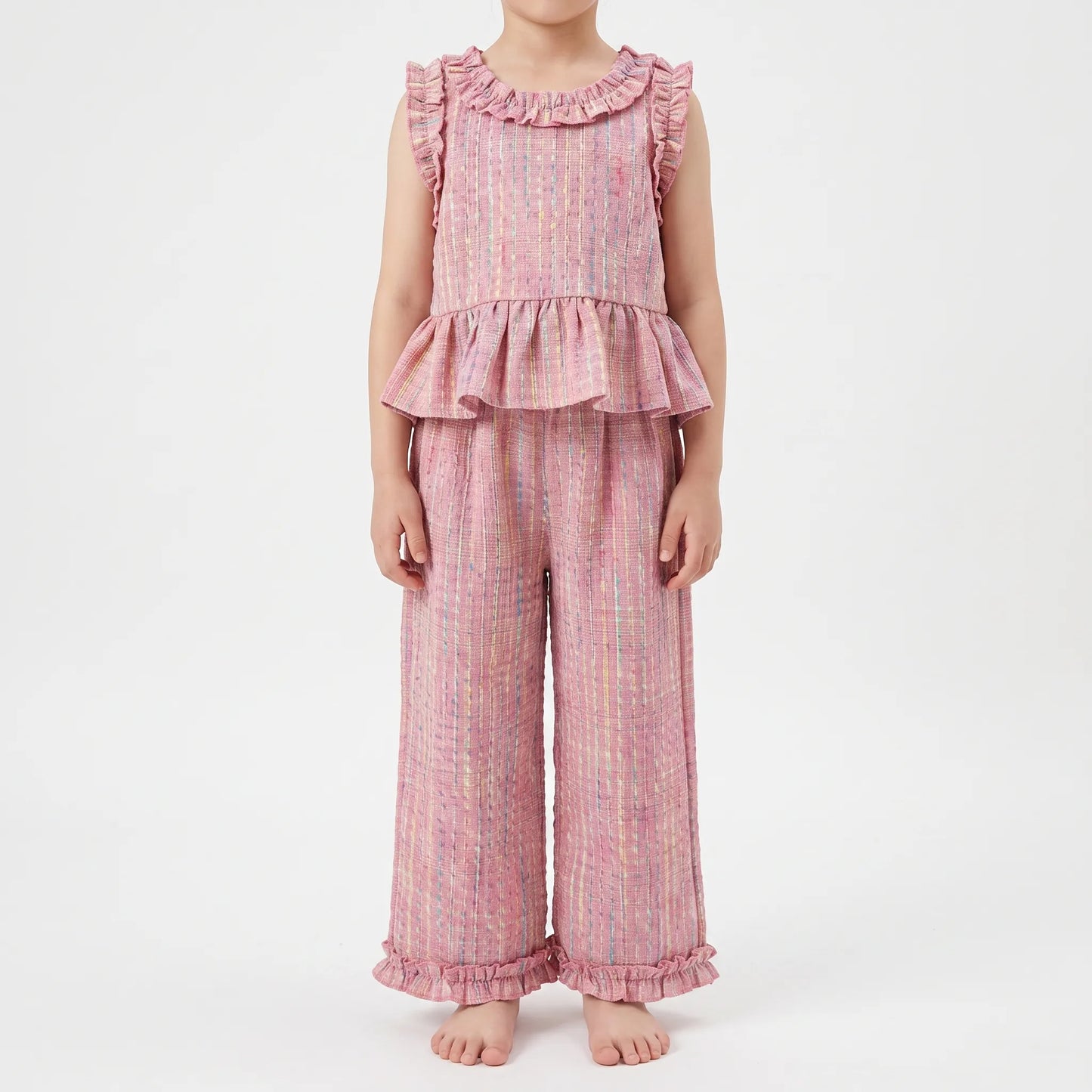 Pastel Plaid Ruffle Trim Top And Trouser Set - Miralis