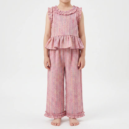 Pastel Plaid Ruffle Trim Top And Trouser Set - Miralis