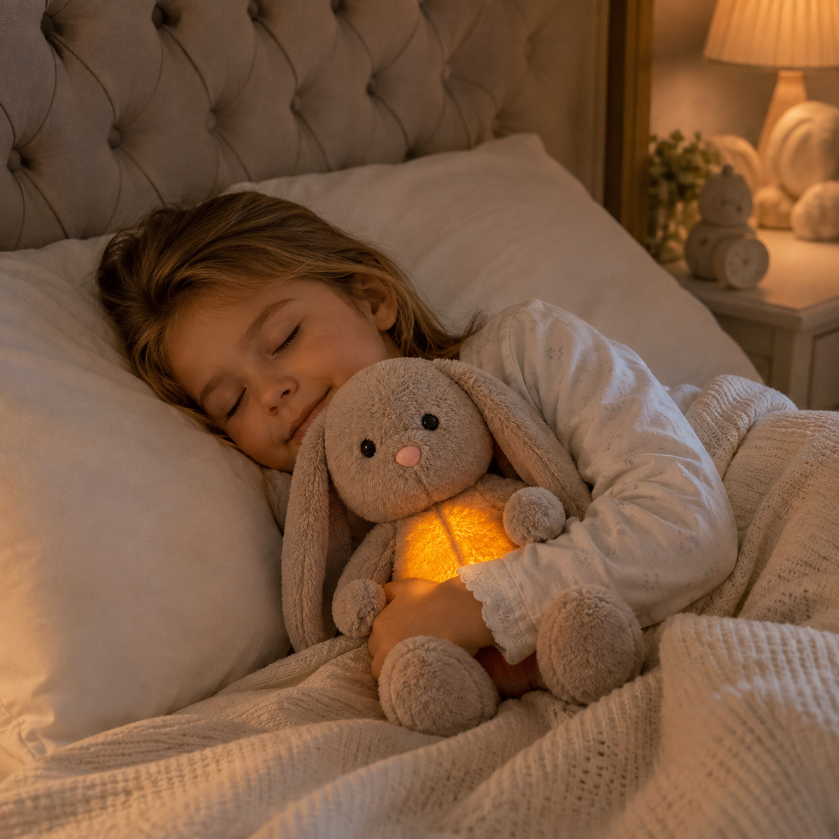 Sovande barn i pyjamas kramar en grå kanin med lysande mage under en stickad filt. 13