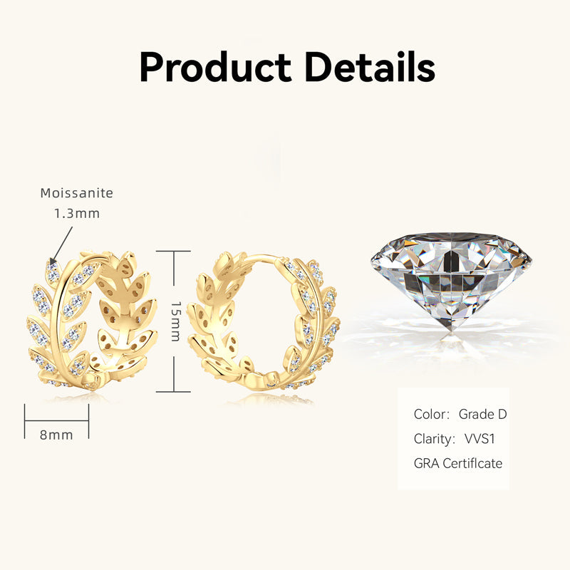 Goldene Moissanit-Ohrringe, Blattdesign, 15mm, VVS1, GRA-zertifiziert, Damen-Schmuck.