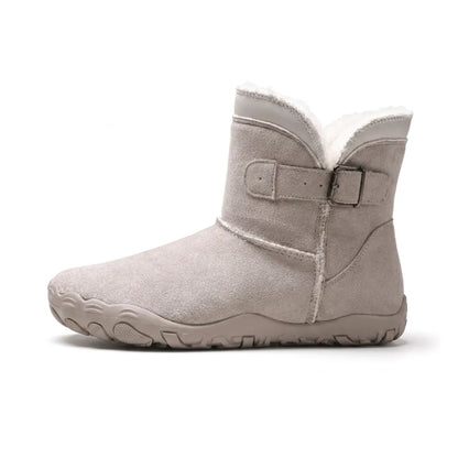Grå-beige känga i profil med spänne, vitt fleecefoder och bred flexibel gummisula 28