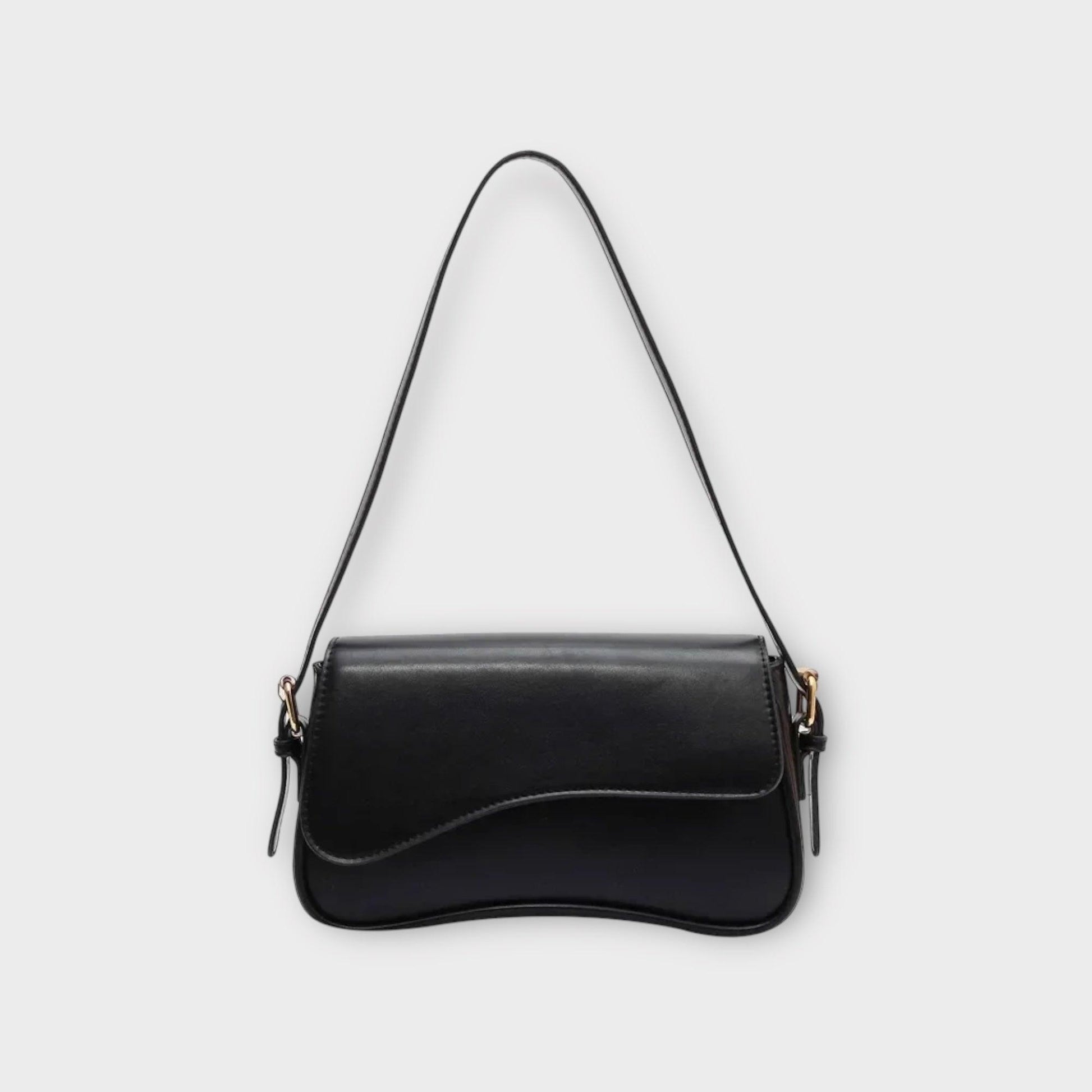 Schwarze Lederhandtasche mit Schulterriemen, elegantes Design, Damenmode Accessoire.