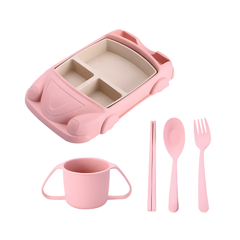 Rosa Auto-förmiger Kinderteller mit Besteck und Tasse aus Silikon, BPA-frei.
