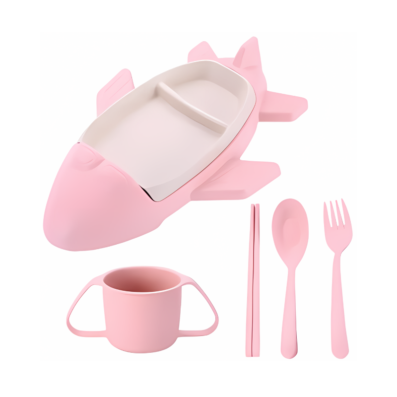 Rosa Kinder-Geschirrset in Flugzeugform, BPA-frei, mit Becher, Löffel, Gabel, umweltfreundlich.