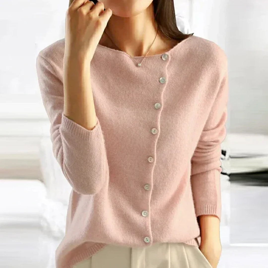Damenpullover rosa, Kaschmir, Knopfleiste, elegant, langärmelig, modisch, Herbstmode.