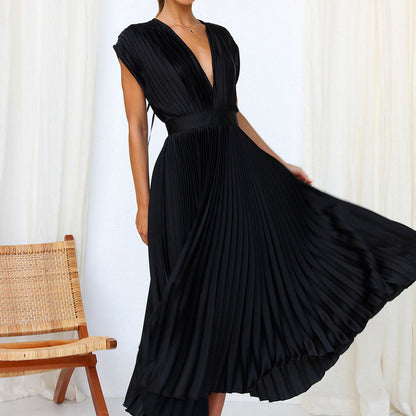 Pleated Midi Dress With V-Neckline - Sandy
