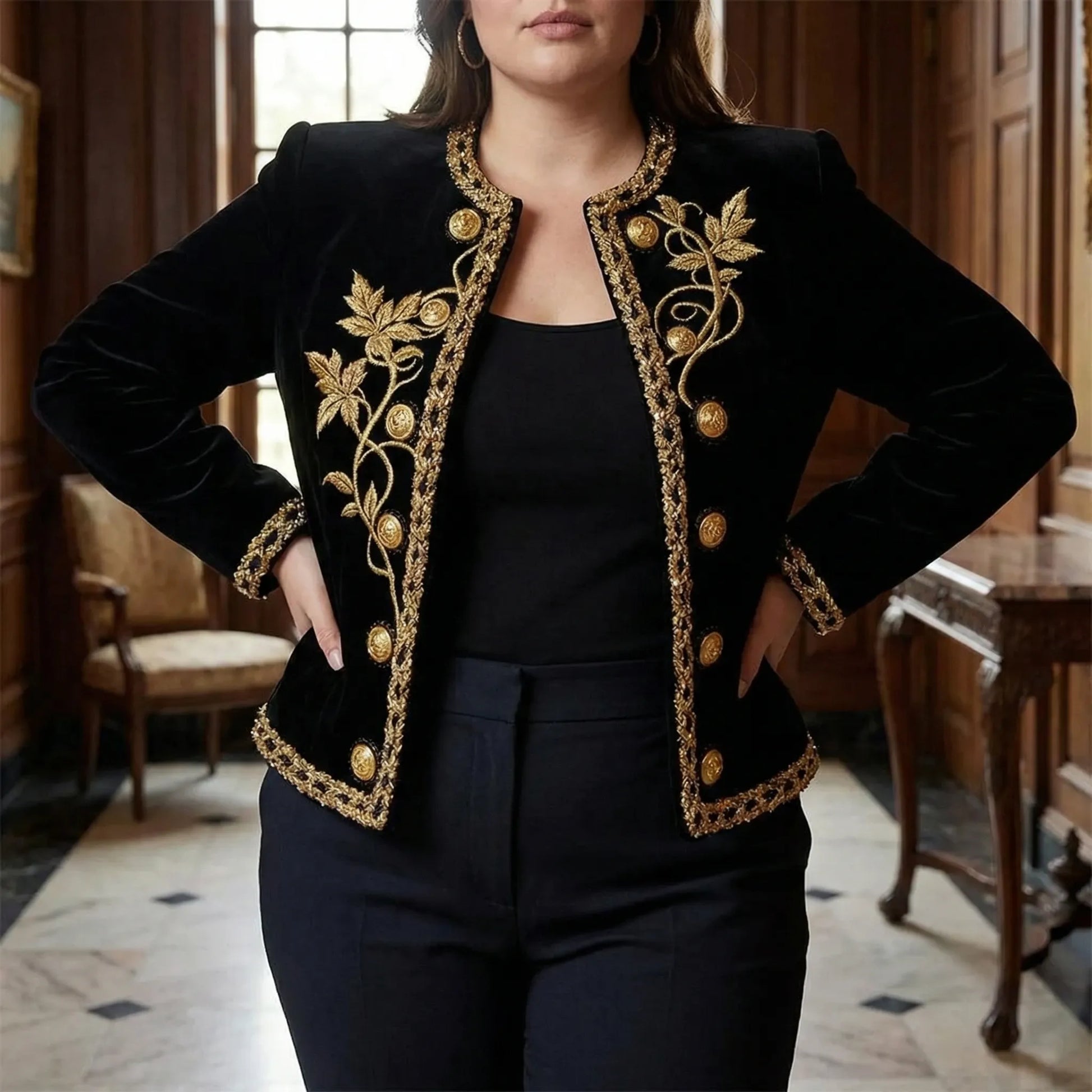 Plus Size Embroidered Velvet Button-Up Coat - Charlotte