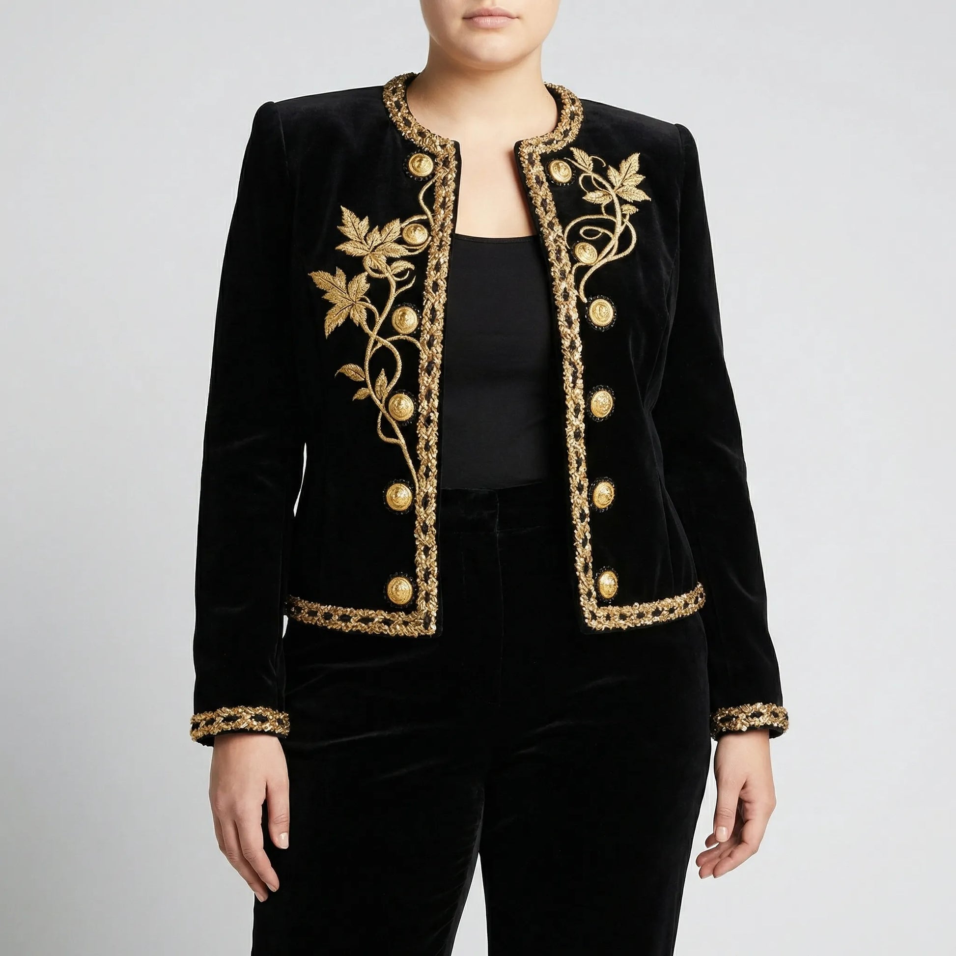 Plus Size Embroidered Velvet Button-Up Coat - Charlotte