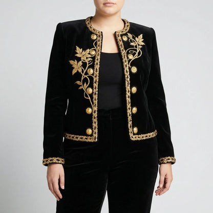 Plus Size Embroidered Velvet Button-Up Coat - Charlotte