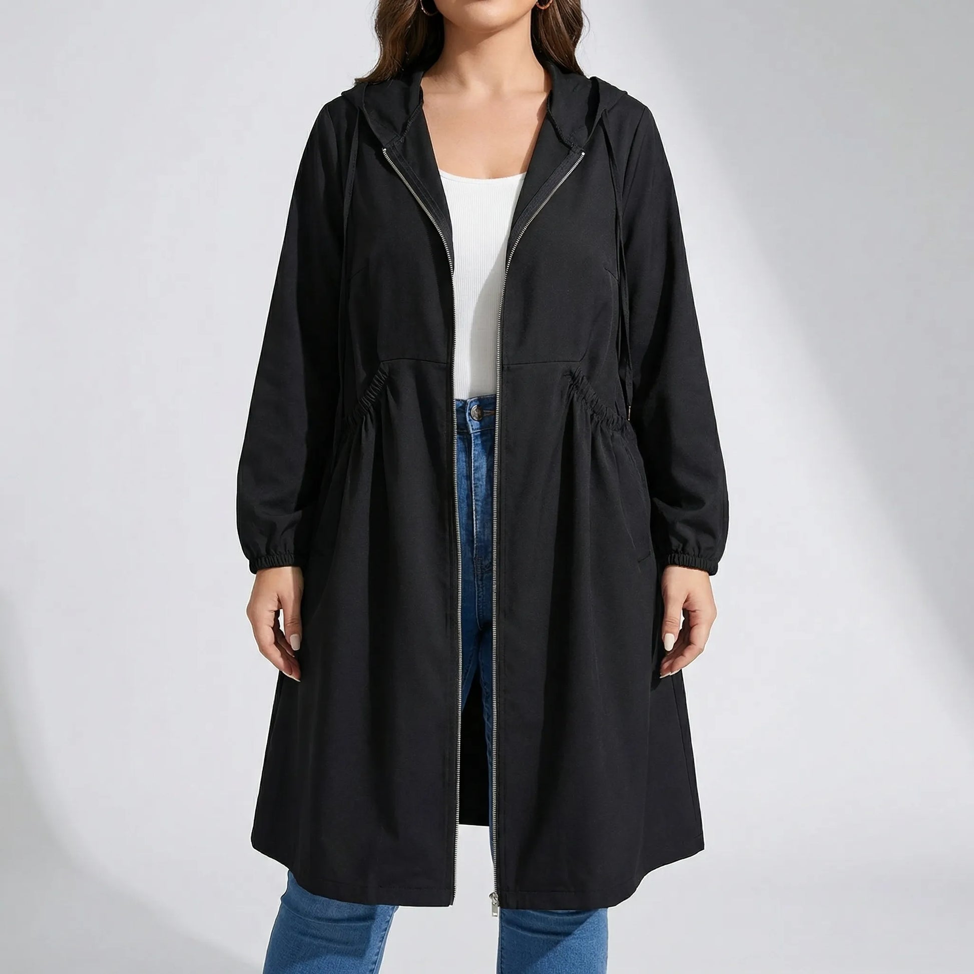 Plus Size Zip-Up Hooded Long Coat - Audrey