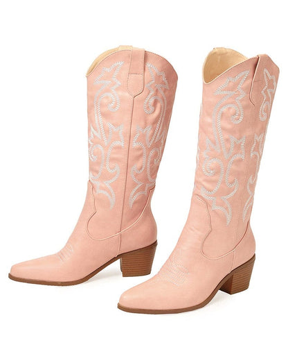 Pointed Toe Block Heel Cowboy Boot - Brandy
