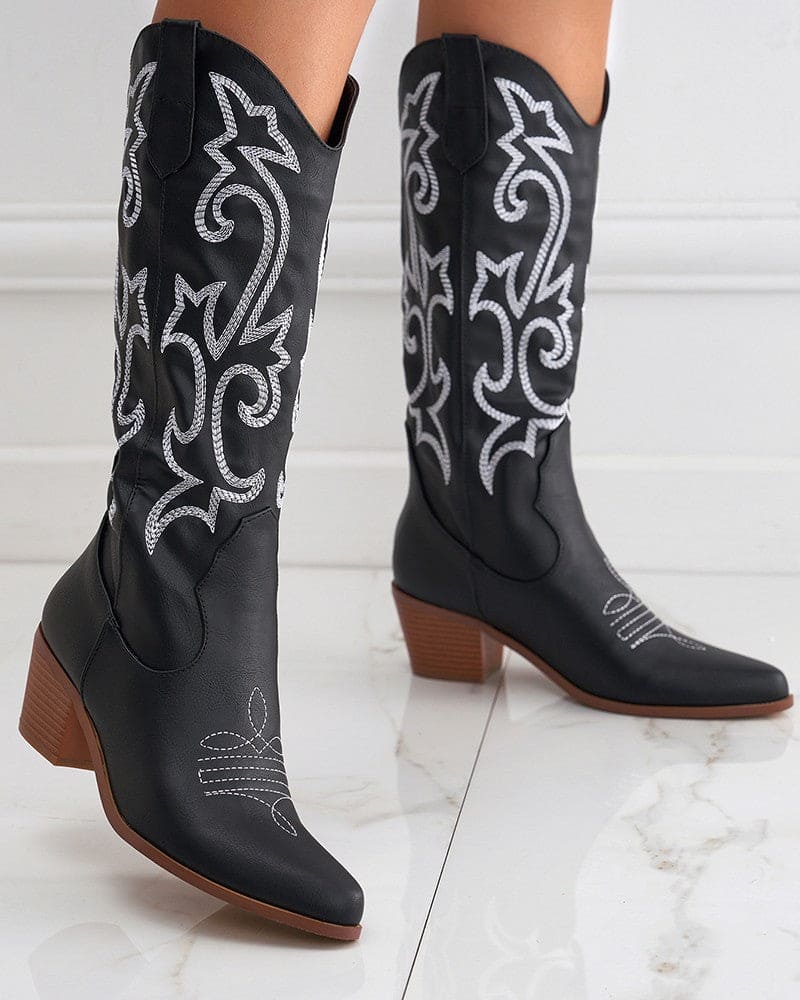 Pointed Toe Block Heel Cowboy Boot - Brandy