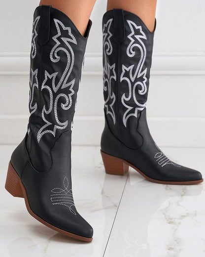 Pointed Toe Block Heel Cowboy Boot - Brandy