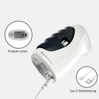 Weißer elektrischer Haarschneider mit USB-C-Kabel, ergonomisches Design, leistungsstark.