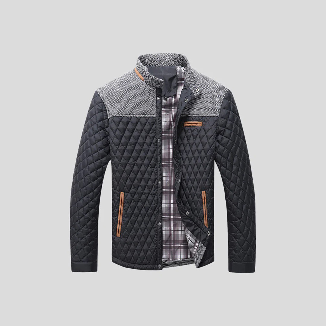 Schwarze gesteppte Herrenjacke mit kariertem Innenfutter, Reißverschluss, modisch, warm.
