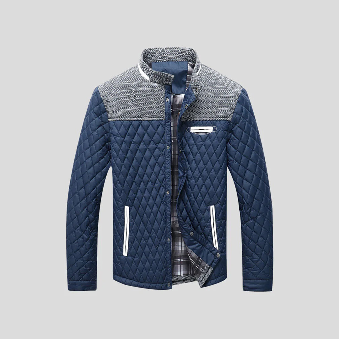 Blaue gesteppte Herrenjacke, Stehkragen, kariertes Innenfutter, modisch, warm, elegant.